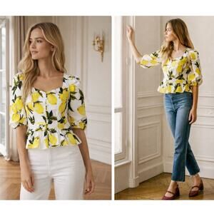 English Factory Women's Lemon Print Peplum Top Puff Sleeve Blouse Small Novelty